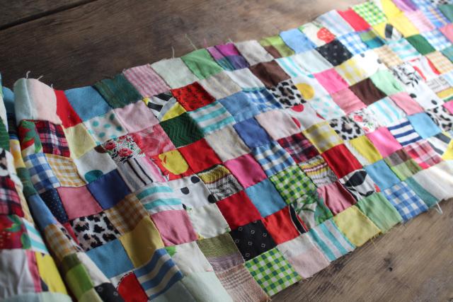 1950s vintage postage stamp patchwork quilt block table runner, cotton prints, flannel fabric