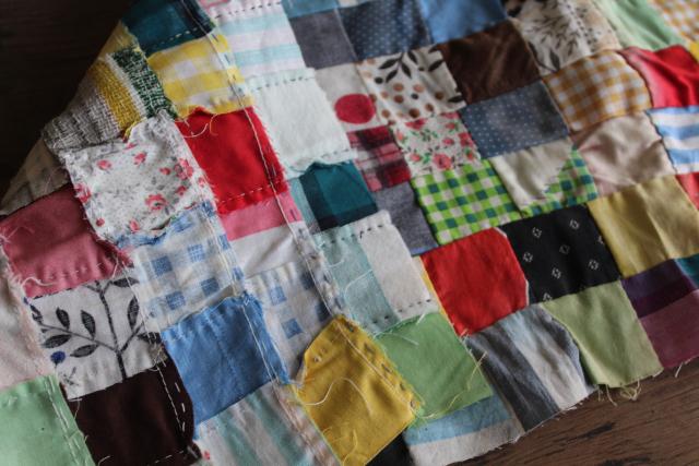 1950s vintage postage stamp patchwork quilt block table runner, cotton prints, flannel fabric