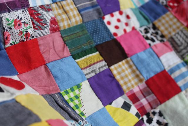 1950s vintage postage stamp patchwork quilt block table runner, cotton prints, flannel fabric