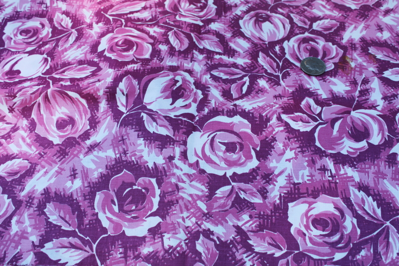 1950s vintage print cotton fabric, ladylike roses floral in plum pink