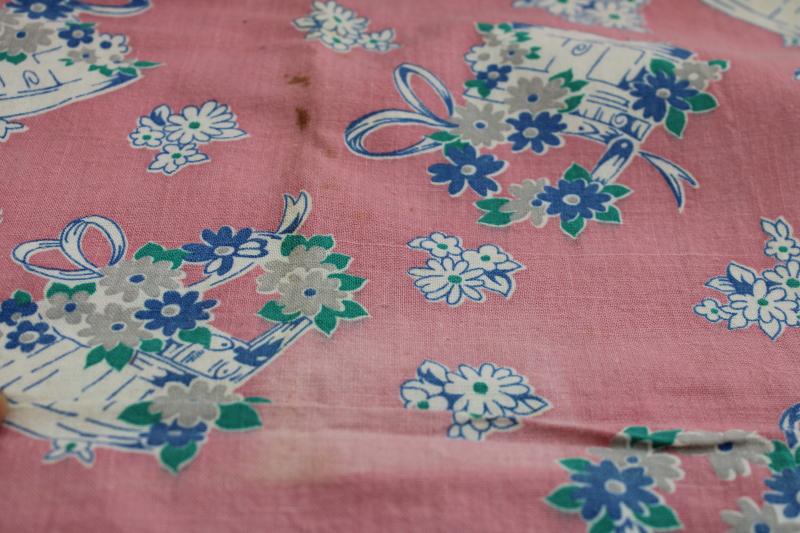 1950s vintage print cotton feed sack fabric, buckets of flowers on pink