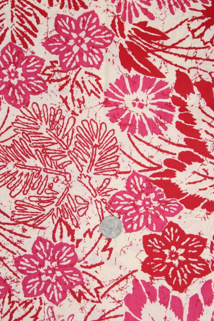 1950s vintage rayon fabric, Hawaiian tropical print flowers red & pink