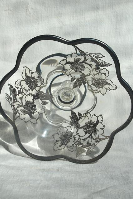 1950s vintage silver deposit overlay glass candy dish, Duncan & Miller Canterbury bonbon stand
