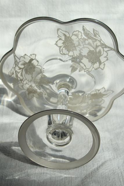 1950s vintage silver deposit overlay glass candy dish, Duncan & Miller Canterbury bonbon stand
