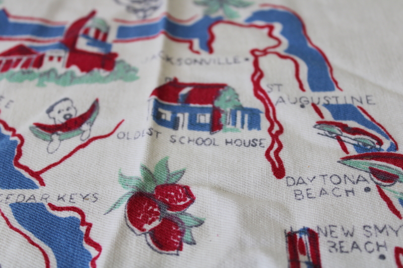 1950s vintage souvenir Florida map print kitchen tablecloth cotton rayon fabric