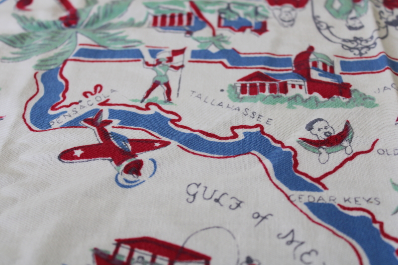 1950s vintage souvenir Florida map print kitchen tablecloth cotton rayon fabric