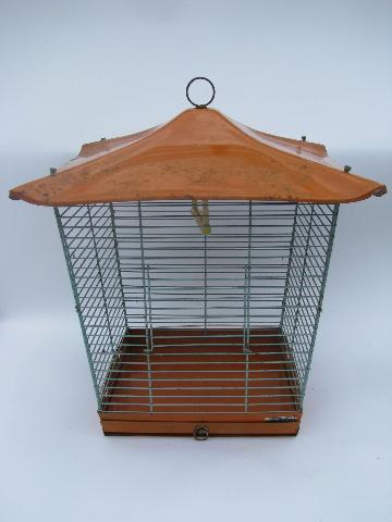 1950s vintage steel wire bird cage, canary birdcage w/ metal pagoda roof