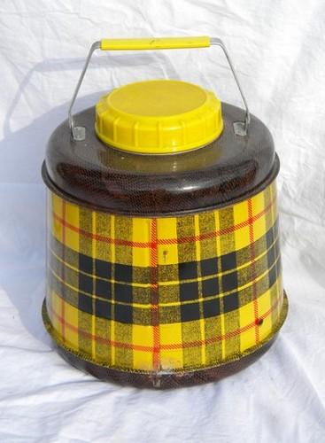 1950s vintage tartanware, yellow tartan plaid picnic thermos jug cooler