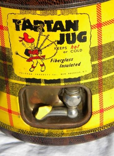 1950s vintage tartanware, yellow tartan plaid picnic thermos jug cooler