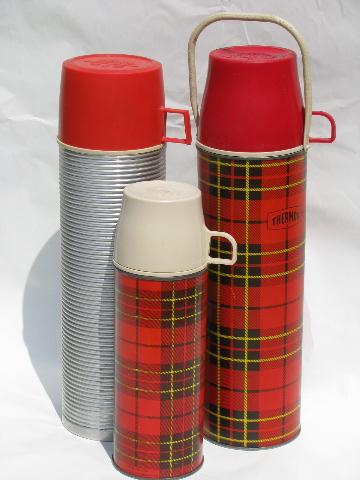 1950s vintage thermos bottles for lunch or picnics, tartanware plaid
