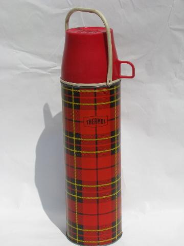 1950s vintage thermos bottles for lunch or picnics, tartanware plaid