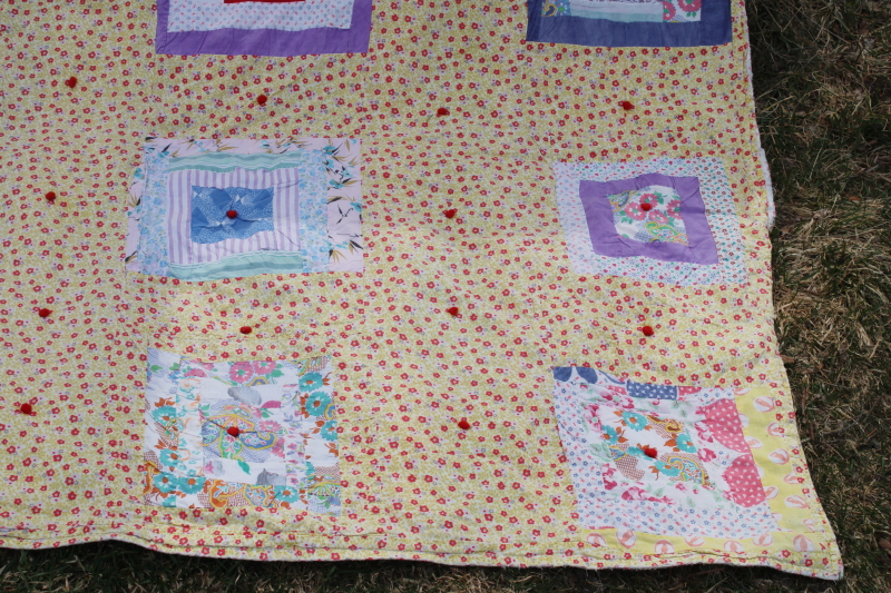 1950s vintage tied quilt, colorful cotton prints patchwork w/ floral backing fabric