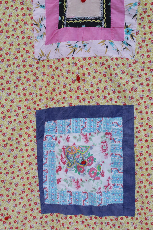 1950s vintage tied quilt, colorful cotton prints patchwork w/ floral backing fabric