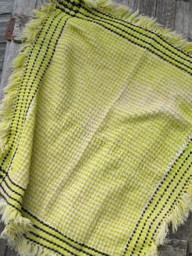 1950s vintage woven wool throw blanket, yellow & white w/ black