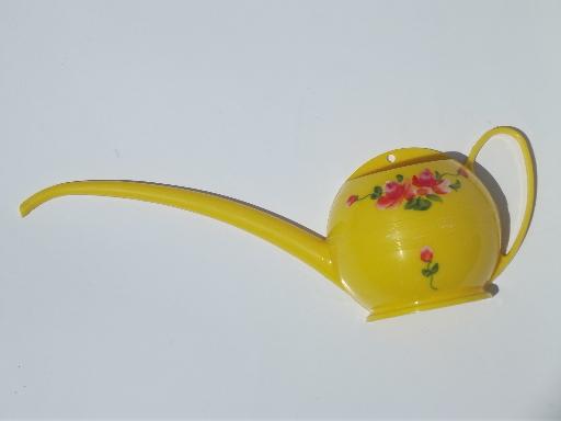 1950s watering can & kitchen wall pocket, kitschy pink roses yellow plastic