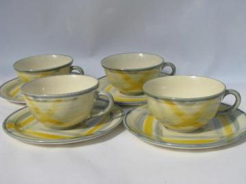 1950s yellow / grey plaid dishes, vintage Vernonware Tweed, cups and saucers