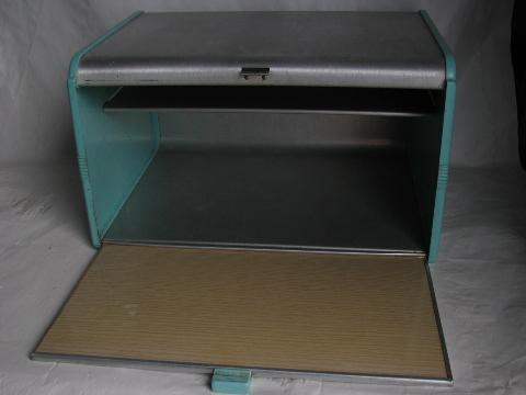 1950s-60s vintage aqua plastic & aluminum bread box, retro Kromex style