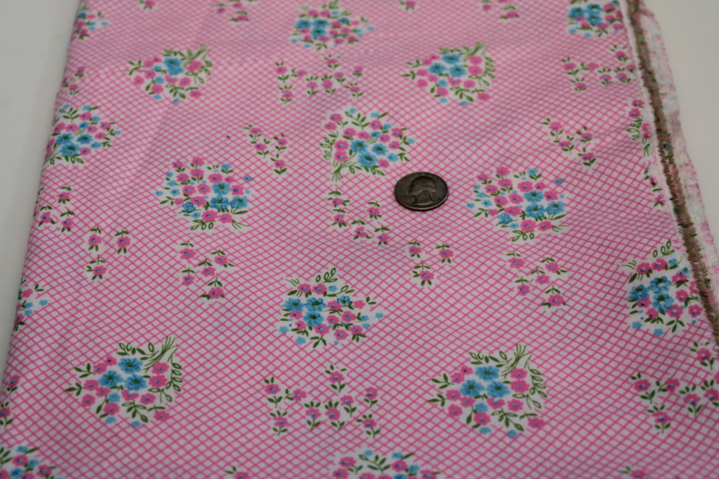 1960s vintage cotton flannel fabric, girly flowers and bouquets blue on bright pink