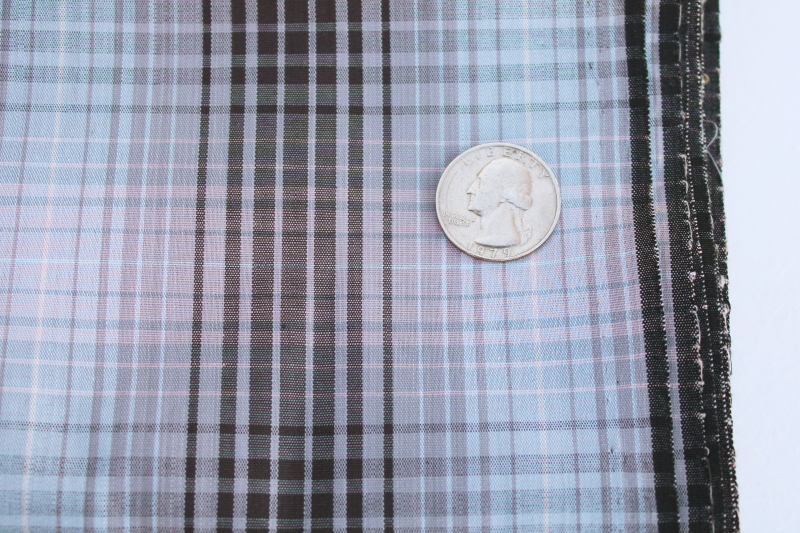 1960s vintage cotton poly blend fabric, plaid shirting grey, light blue, black