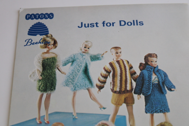 1960s vintage knitting book doll clothes patterns, retro Barbie Ken outfits,  baby doll layettes