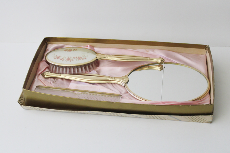 1960s vintage vanity set, gold metal brush, comb, mirror in satin lined box