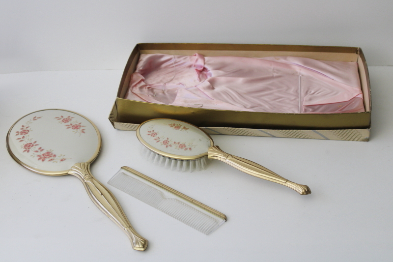 1960s vintage vanity set, gold metal brush, comb, mirror in satin lined box