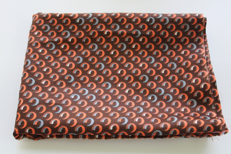 1970 Klopman vintage poly silk fabric, retro mod op art print in orange grey brown