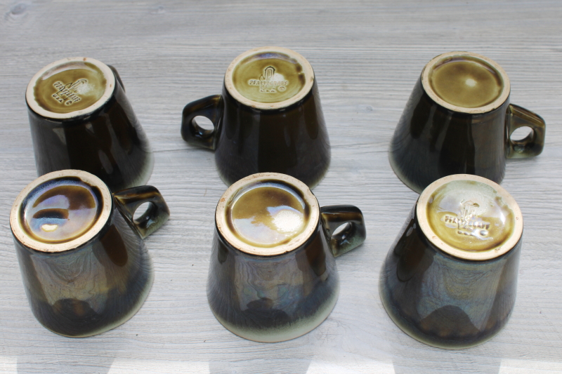 1970s 80s vintage Pfaltzgraff coffee mugs, Gourmet copper green drip glaze pottery