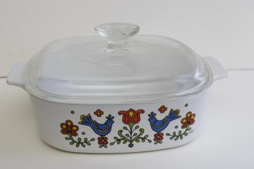 1970s vintage Corningware casserole folk art blue bird, Country Festival or Friendship