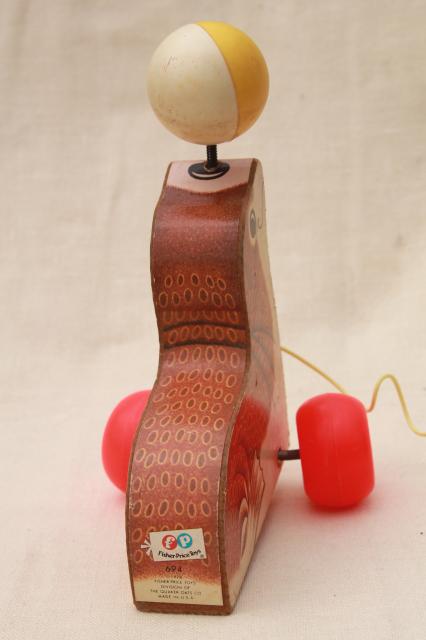 1970s vintage Fisher Price wood pull toy, circus seal in brown & white