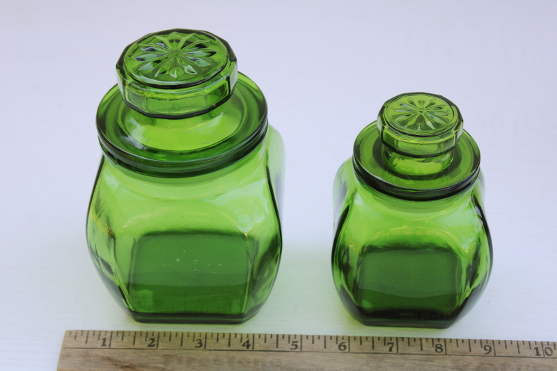 1970s vintage Wheaton green glass canisters, apothecary jars w/ good plastic seals, retro kitchen