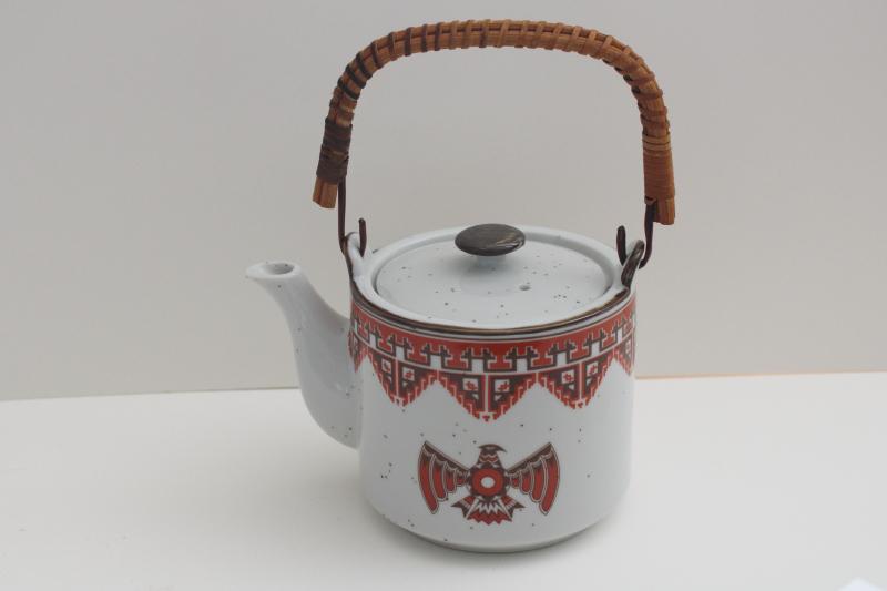 1970s vintage ceramic teapot w/ Indian thunderbird design, made in Japan stoneware