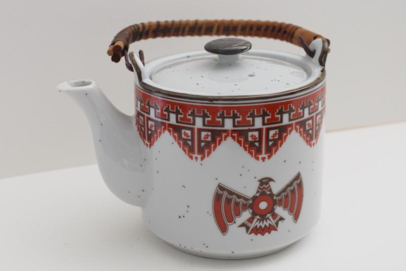 1970s vintage ceramic teapot w/ Indian thunderbird design, made in Japan stoneware