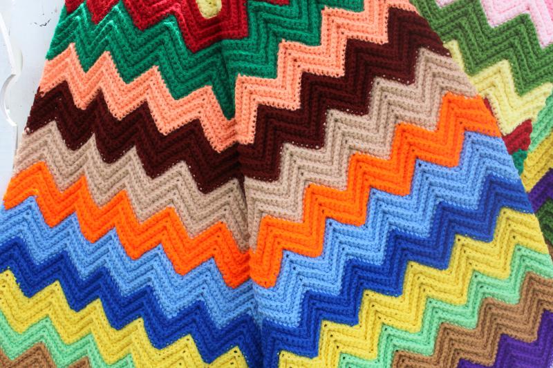 1970s vintage handmade crochet afghan, bright retro colors chevron stripes