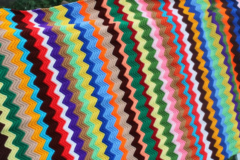 1970s vintage handmade crochet afghan, bright retro colors chevron stripes
