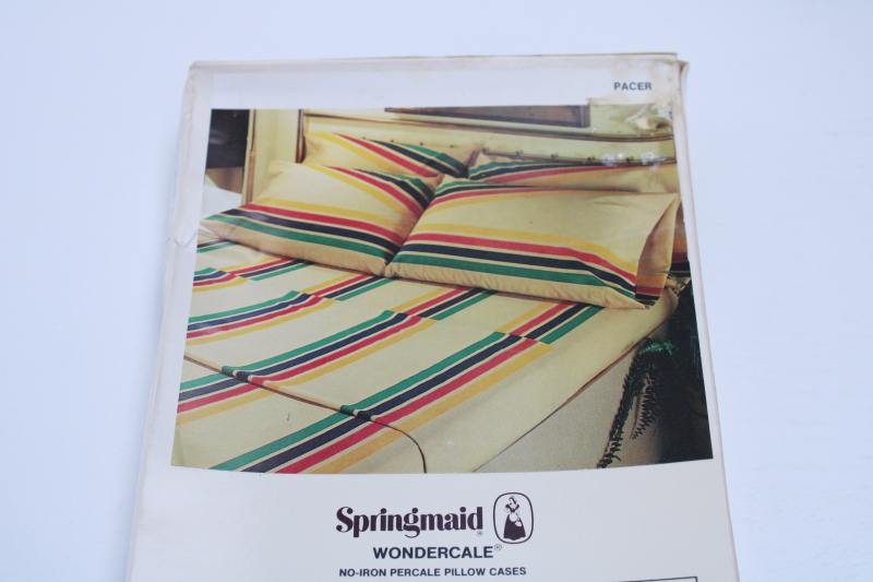 1970s vintage pillowcases new in package, Indian blanket colors bright mod stripes on tan