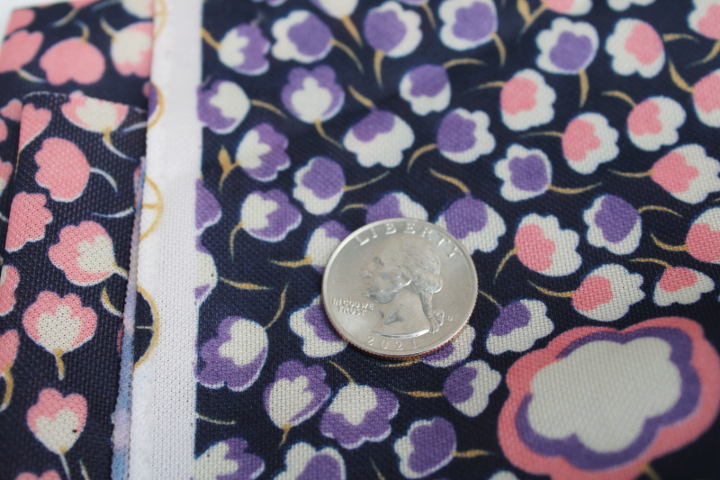 1970s vintage polyester knit fabric, retro ditsy print pink lavender floral on navy blue