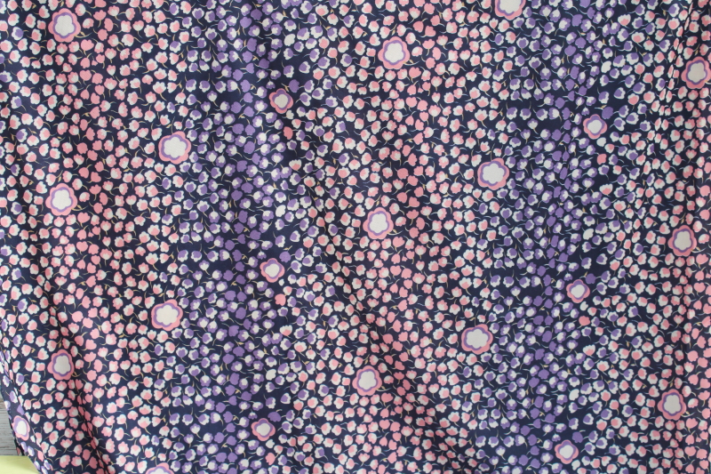 1970s vintage polyester knit fabric, retro ditsy print pink lavender floral on navy blue