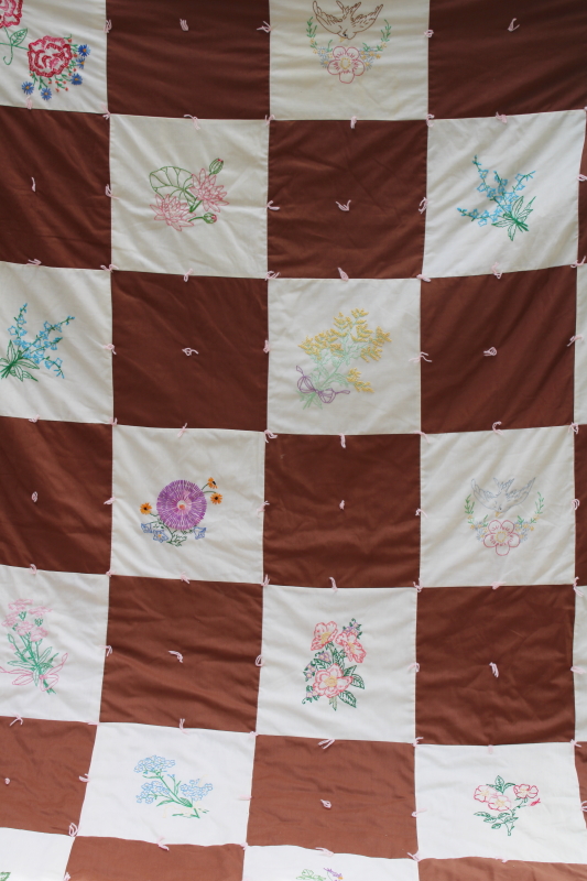 1970s vintage tied quilt w/ hand embroidered blocks, wildflowers w/ brown, prairie girl cottagecore