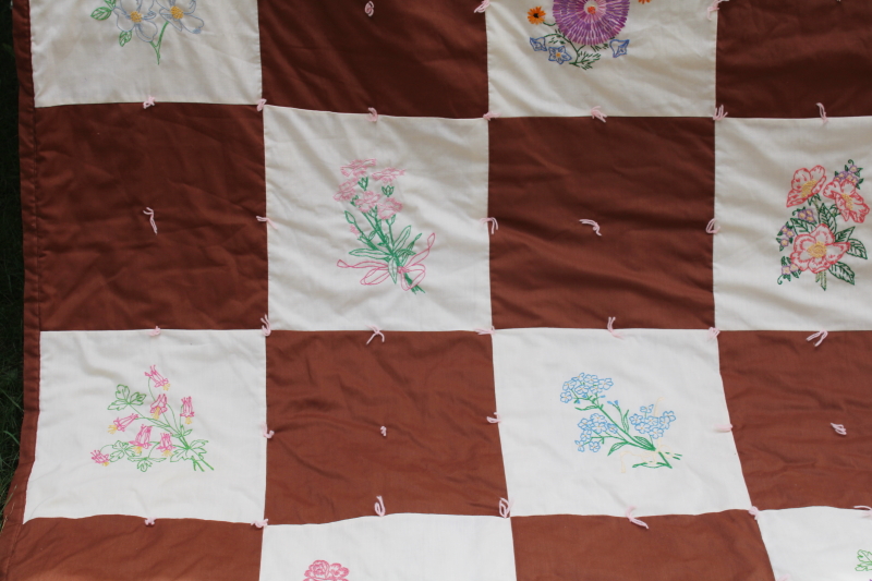 1970s vintage tied quilt w/ hand embroidered blocks, wildflowers w/ brown, prairie girl cottagecore