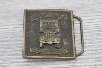1970s vintage western style brass belt buckle, Americas Finest Independent Trucker Pride