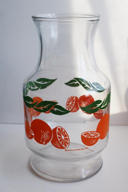 1980s vintage Anchor Hocking glass refrigerator bottle, retro orange juice carafe
