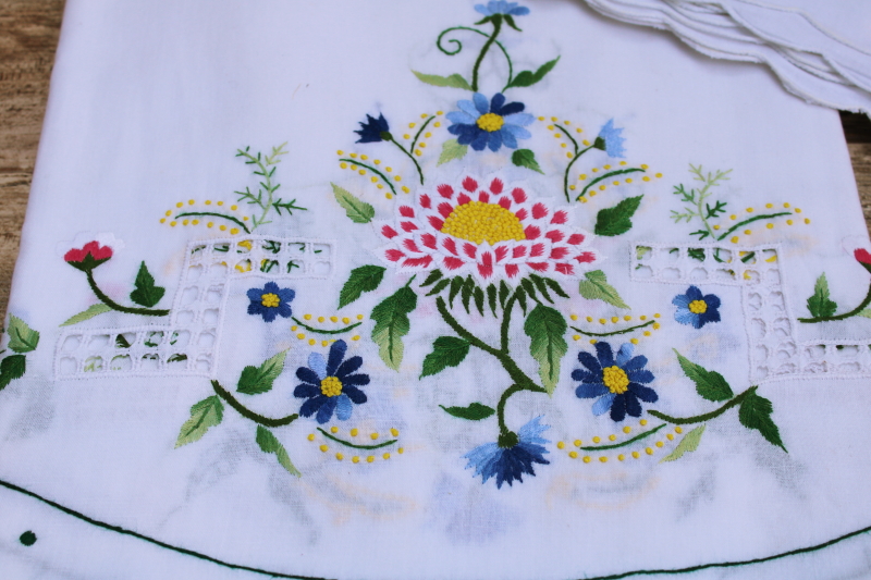 1980s vintage China embroidered cotton cutwork linens set, round tablecloth 8 napkins