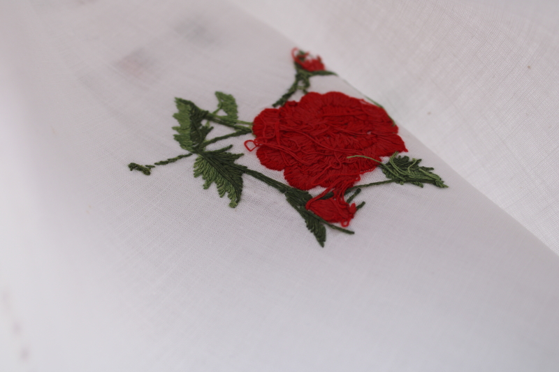 1980s vintage China embroidered cotton linens red roses on white tablecloth napkins set