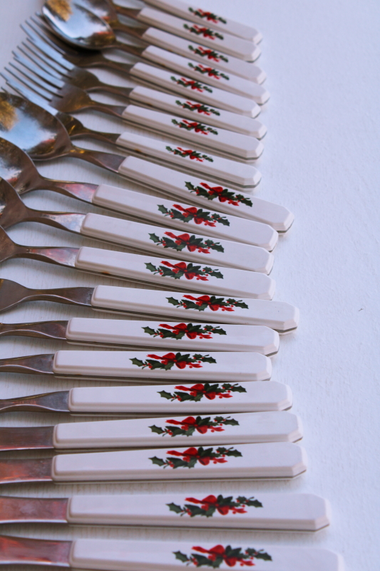 1980s vintage Christmas Heritage Pfaltzgraff flatware set for four, stainless w/ holly plastic handles