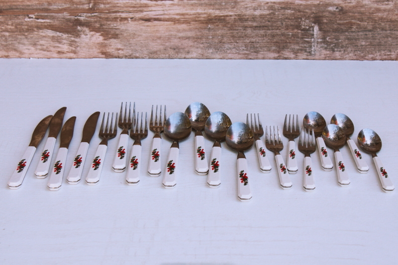 1980s vintage Christmas Heritage Pfaltzgraff flatware set for four, stainless w/ holly plastic handles