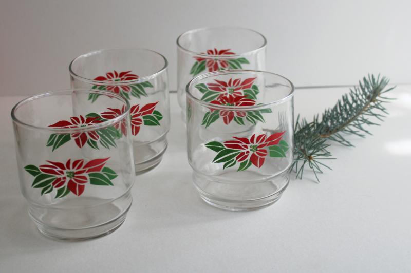 1980s vintage Christmas poinsettia red & green print lowball glasses, Indiana glass