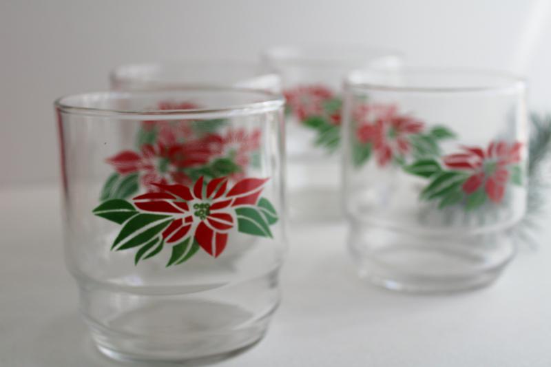 1980s vintage Christmas poinsettia red & green print lowball glasses, Indiana glass