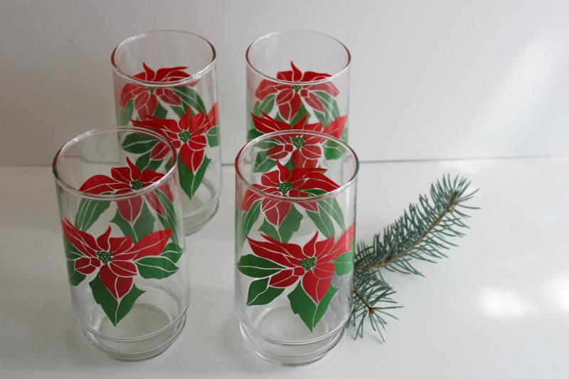 1980s vintage Christmas poinsettia red & green print tumblers, Indiana glass