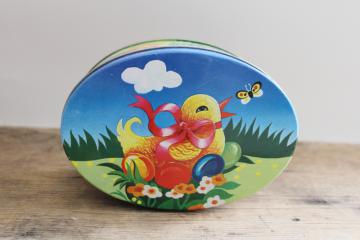 1980s vintage Easter candy box, metal tin w/ yellow chick & eggs print